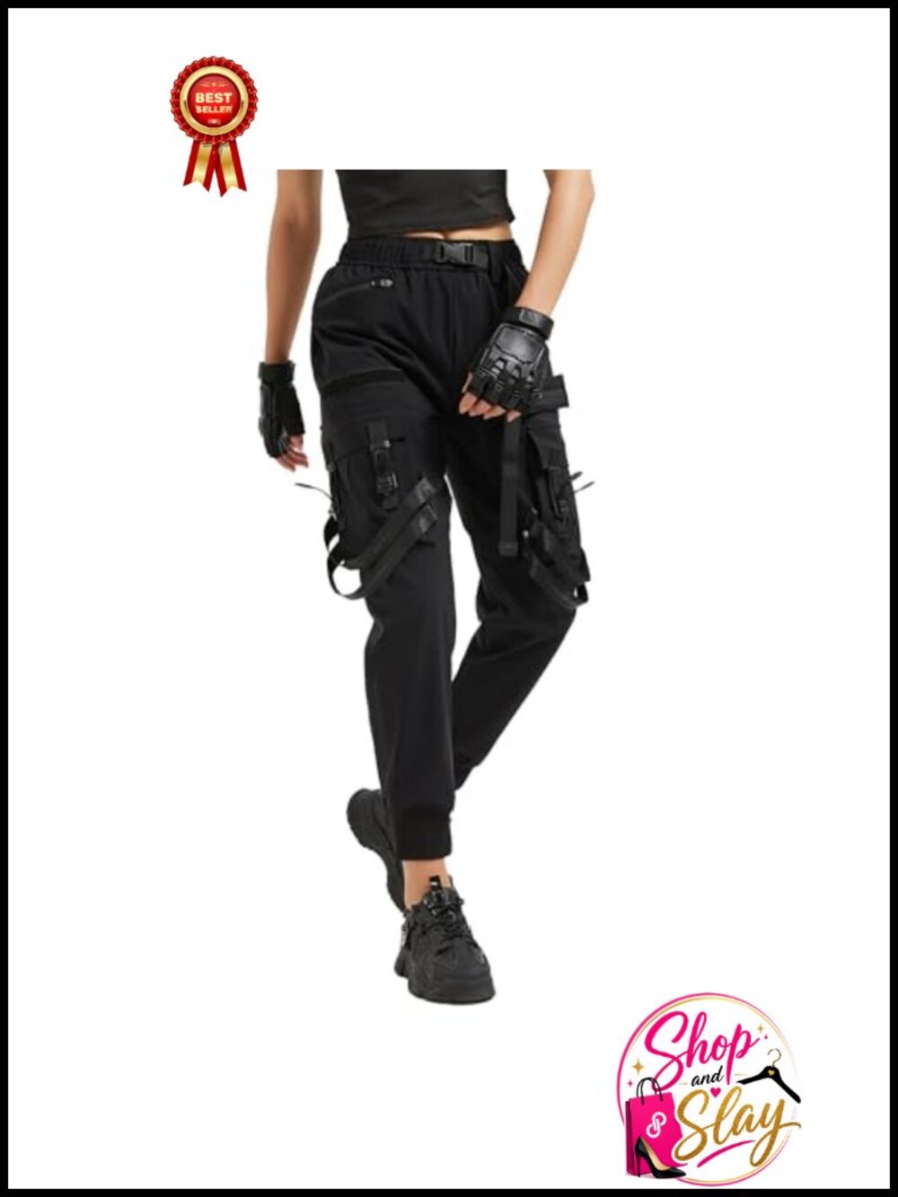 High Waisted Cargo Joggers 7 Pocket Nylon Spandex Techwear Sweatpants